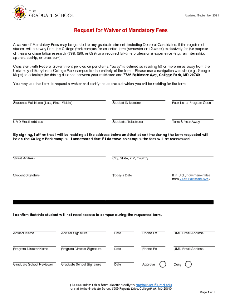 Fillable Online gradschool umd UMD Grad School Mandatory Fee Waiver ...