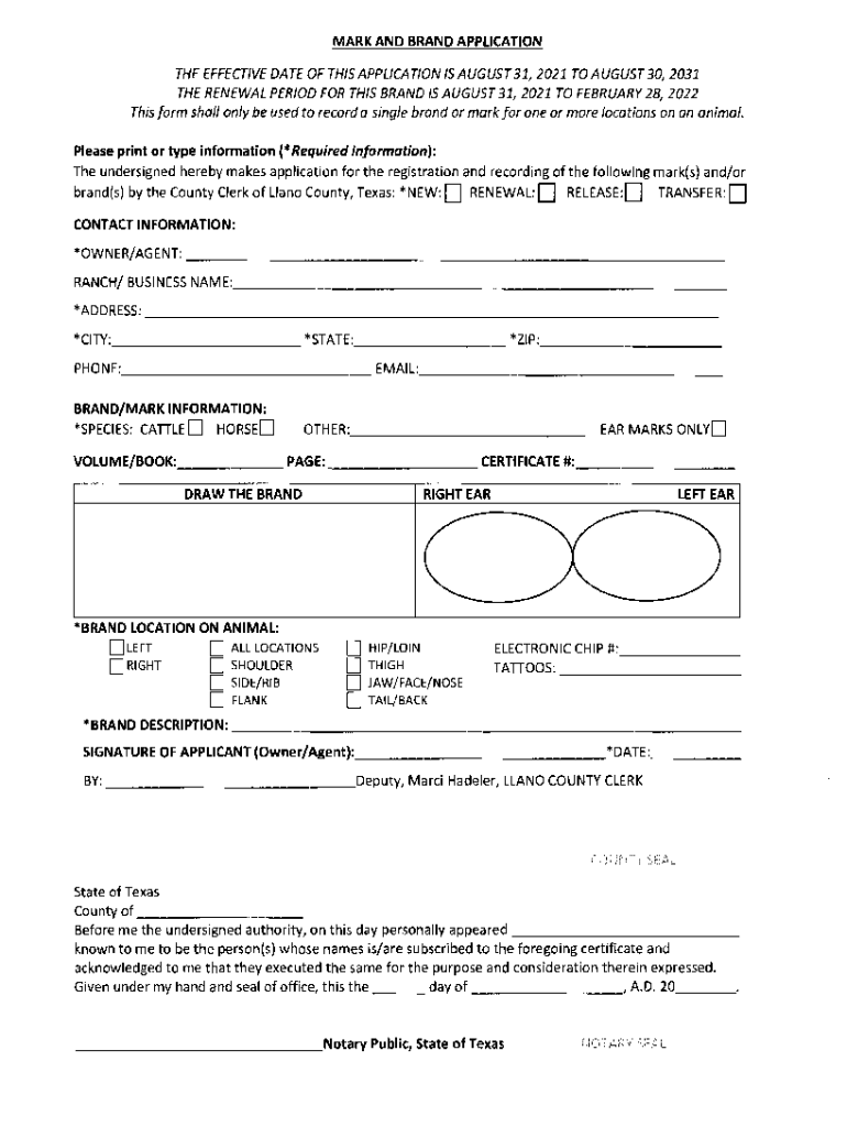 Fillable Online MARK AND BRAND APPLICATION Val Verde County Fax Email