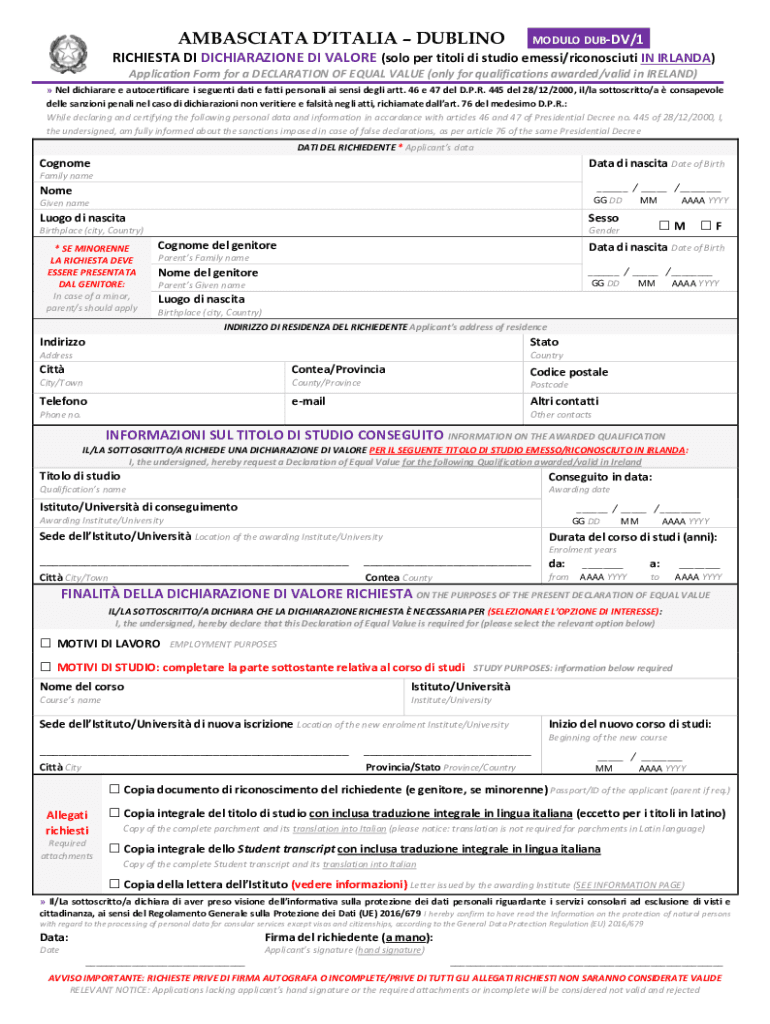 Fillable Online Dichiarazioni di valore Ambasciata d'Italia Dublino Fax Email Print pdfFiller Fillable Online Dichiarazioni di valore Ambasciata d'Italia Dublino Fax Email Print pdfFiller