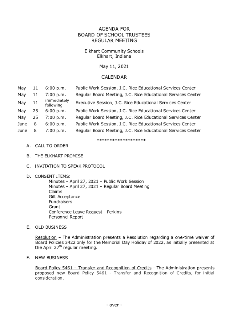 Fillable Online docs elkhart k12 in May 25 2021 Public Board Packet