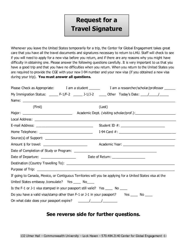 Fillable Online Request for a Travel Signature Lock Haven University