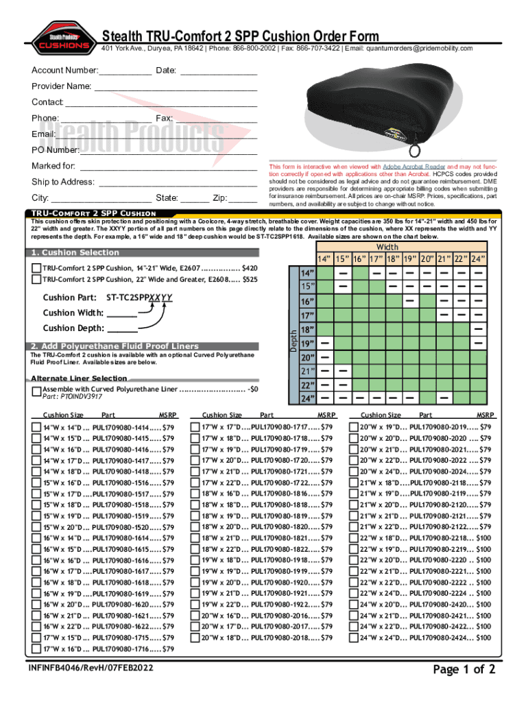 Fillable Online Stealth 2 SPP Cushion Order Form Fax Email