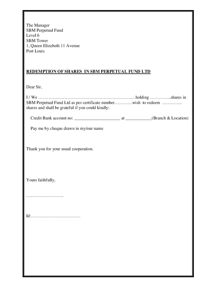 Fillable Online Redemption RequestLetter.doc Fax Email Print pdfFiller