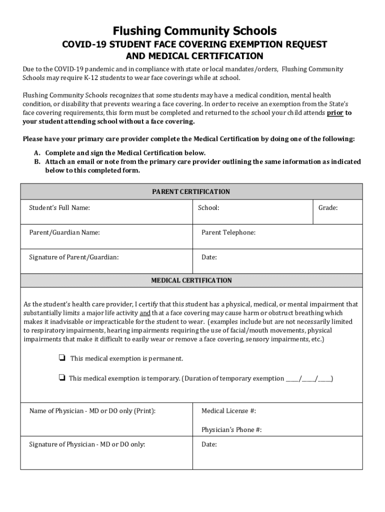 Fillable Online Mask Exemption Form Flushing Community Schools Fax