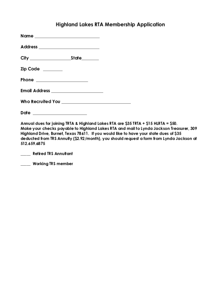 Fillable Online Highland Lakes RTA Membership Application Fax Email