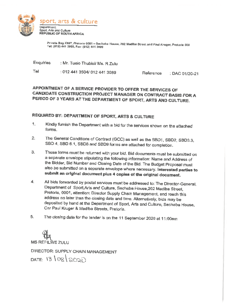 Fillable Online Tenders Department of Sport, Arts and Culture Fax