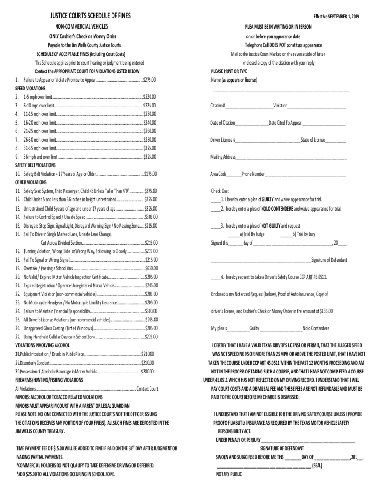 Fillable Online justice courts schedule of fines