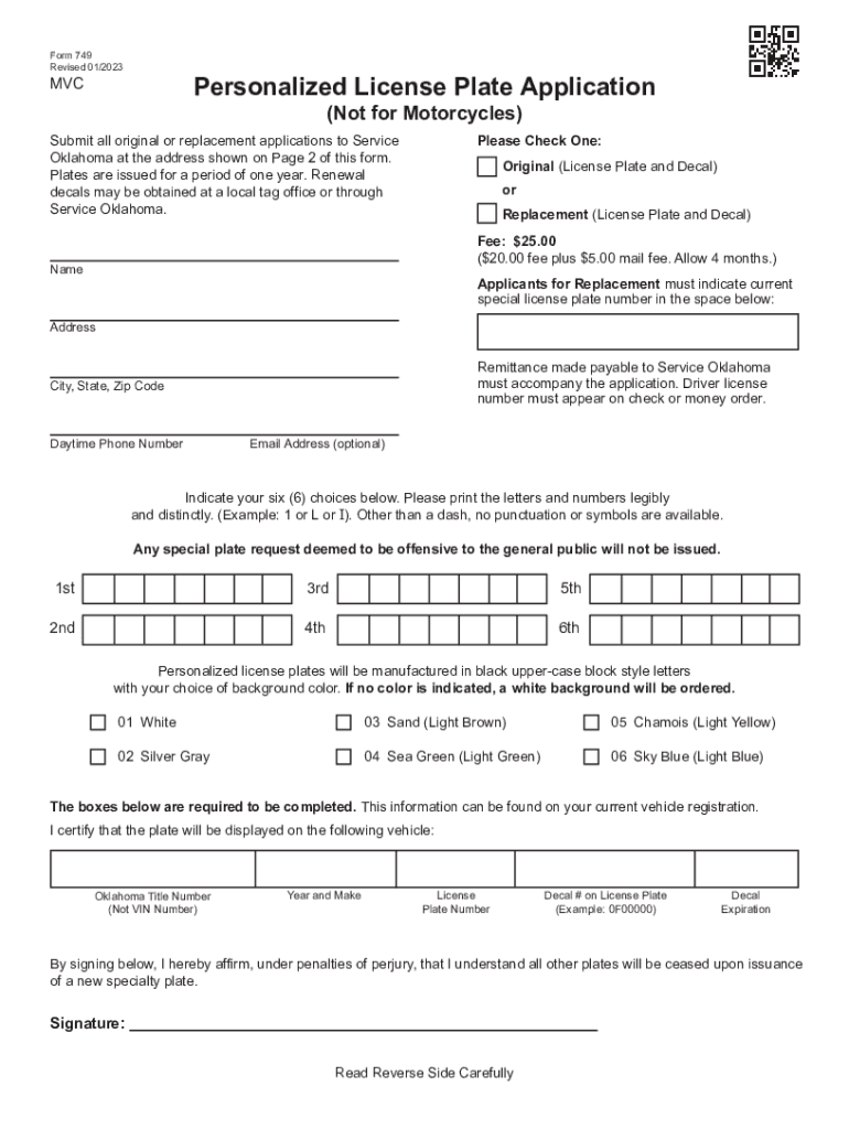 Form 749 Personalized License Plate Application (Not for Motorcycles) Preview on Page 1