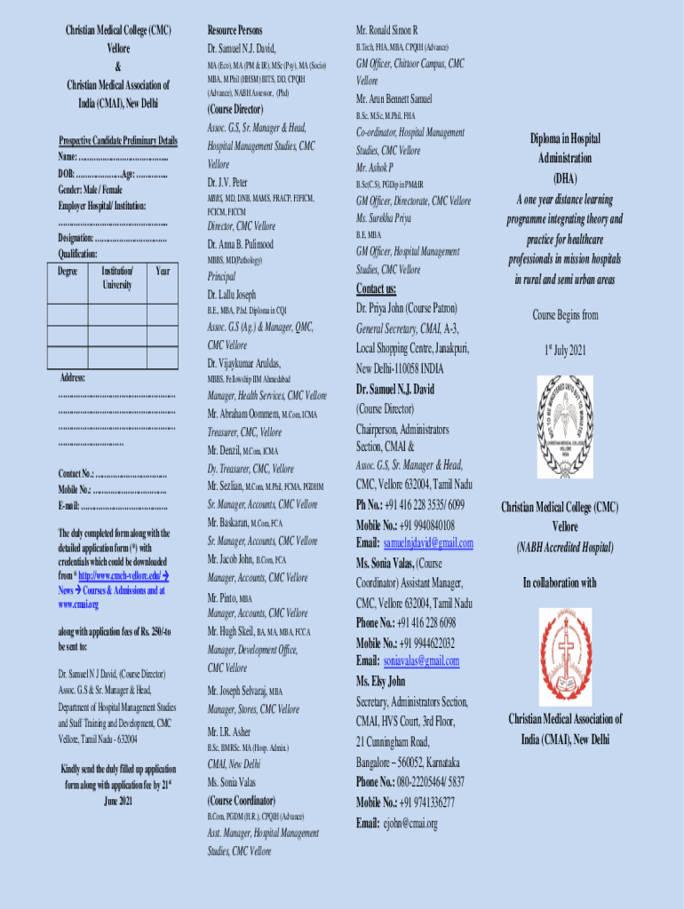 Fillable online cmc vellore admission courses fees ranking fax