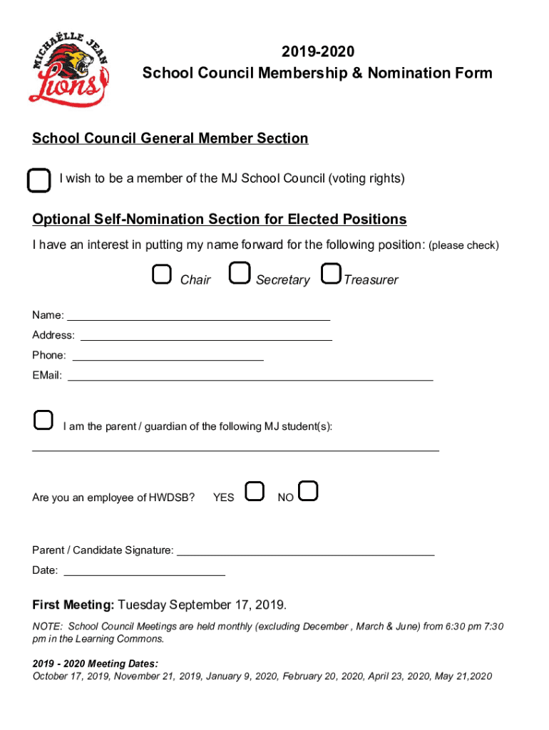 Fillable Online 20192020 School Council Membership & Nomination Form Fax Email Print pdfFiller