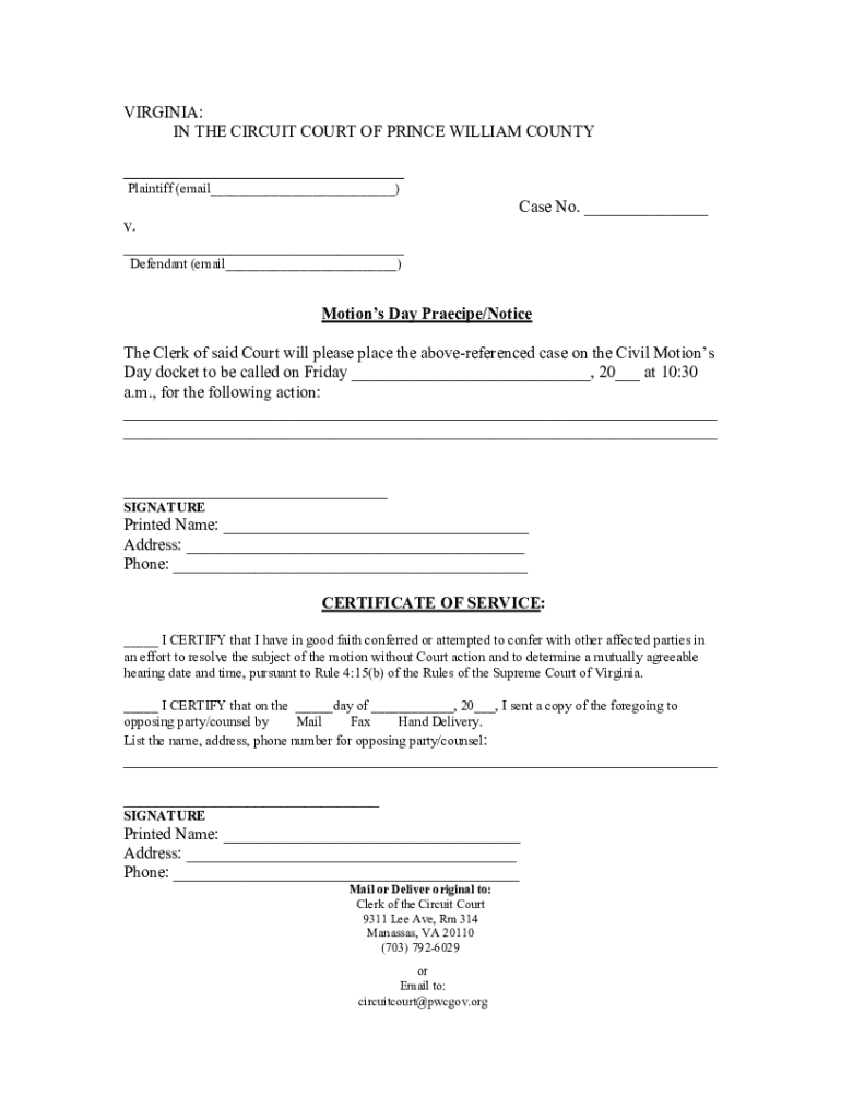 Fillable Online motions day praecipe/notice Prince William County Fax