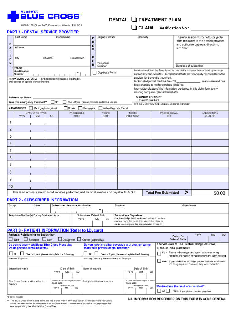 Fillable Online Dental Claim/Treatment form. Alberta Blue Cross claim