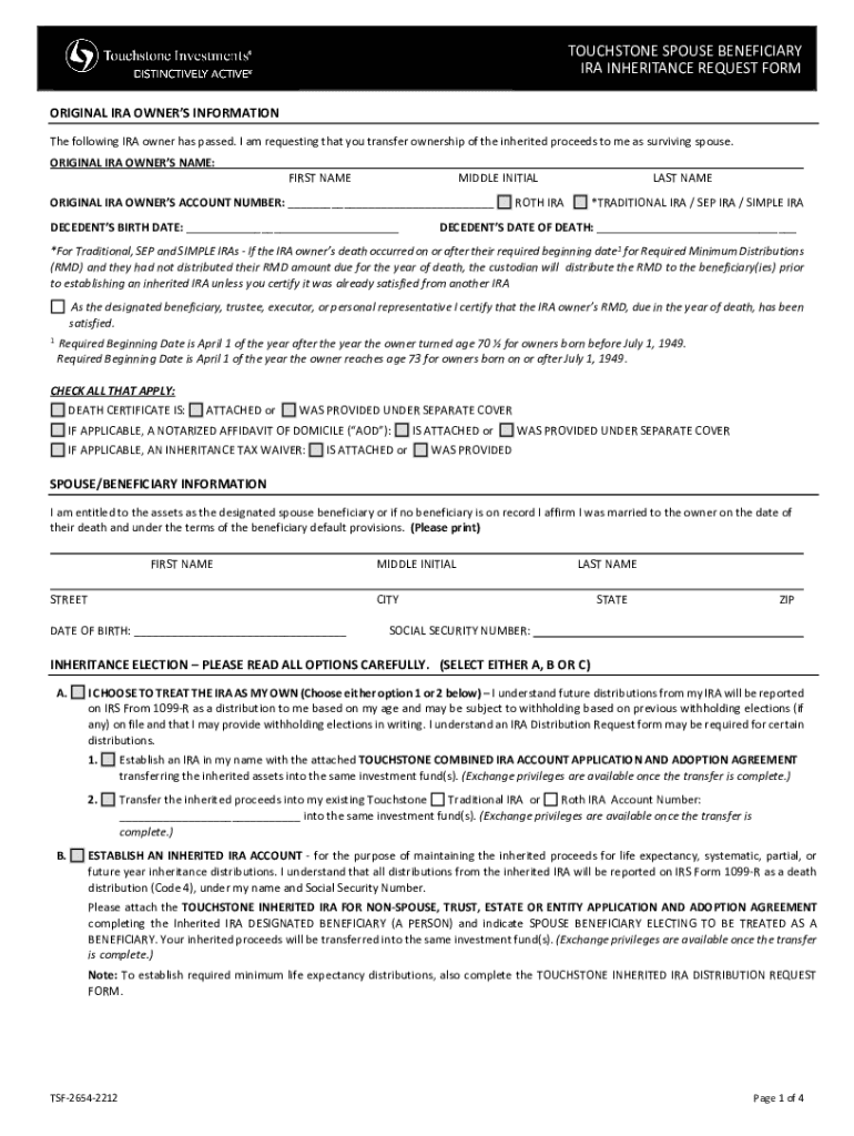 Fillable Online touchstone spouse beneficiary ira inheritance request