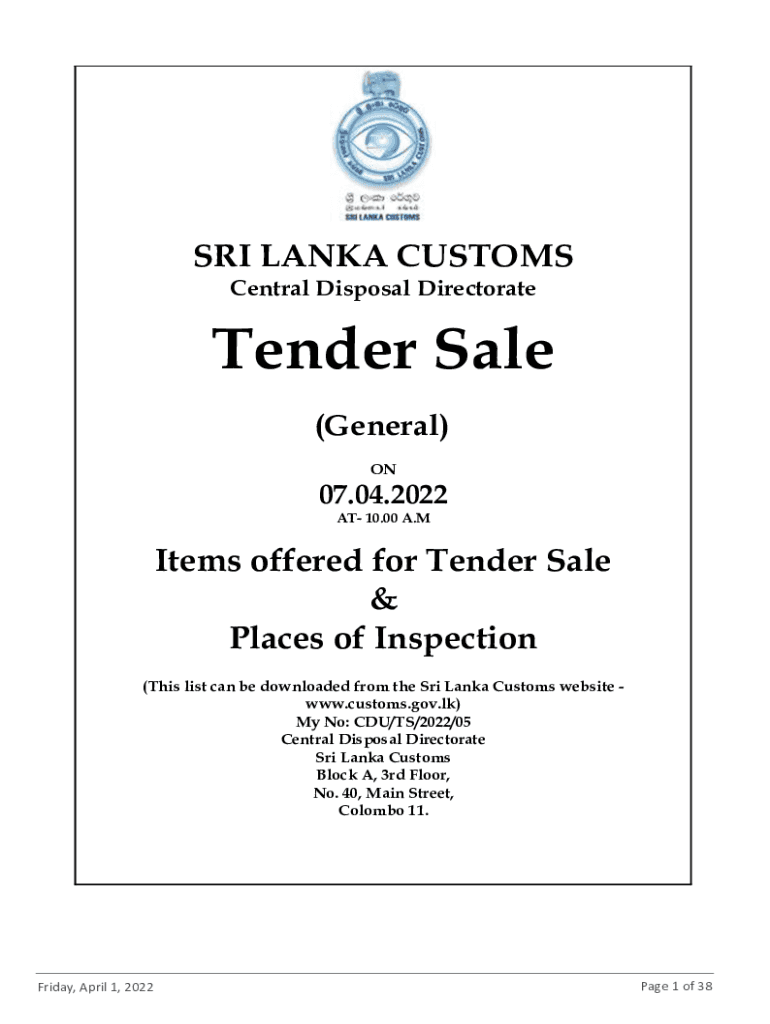 Fillable Online Tender Sales Sri Lanka Customs Fax Email Print
