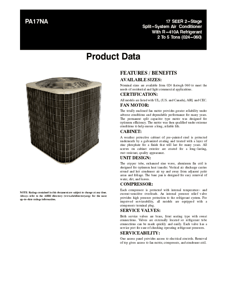 Fillable Online American Standard Gold Series, 4 Ton, 17 SEER, R410A