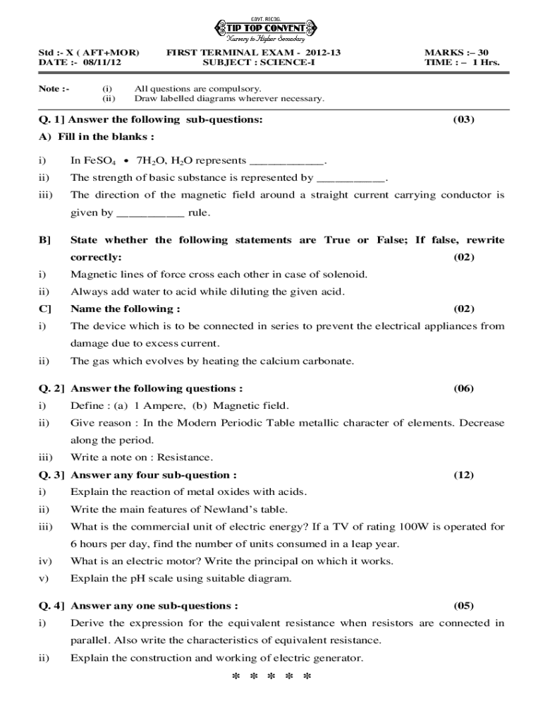Fillable Online design of question paper science mid term exam class