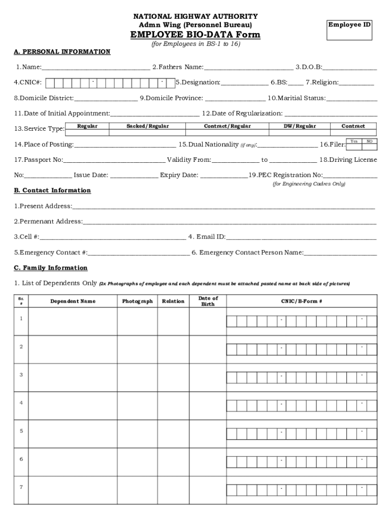 Fillable Online EMPLOYEE BIODATA Form National Highway Authority Fax Email Print pdfFiller