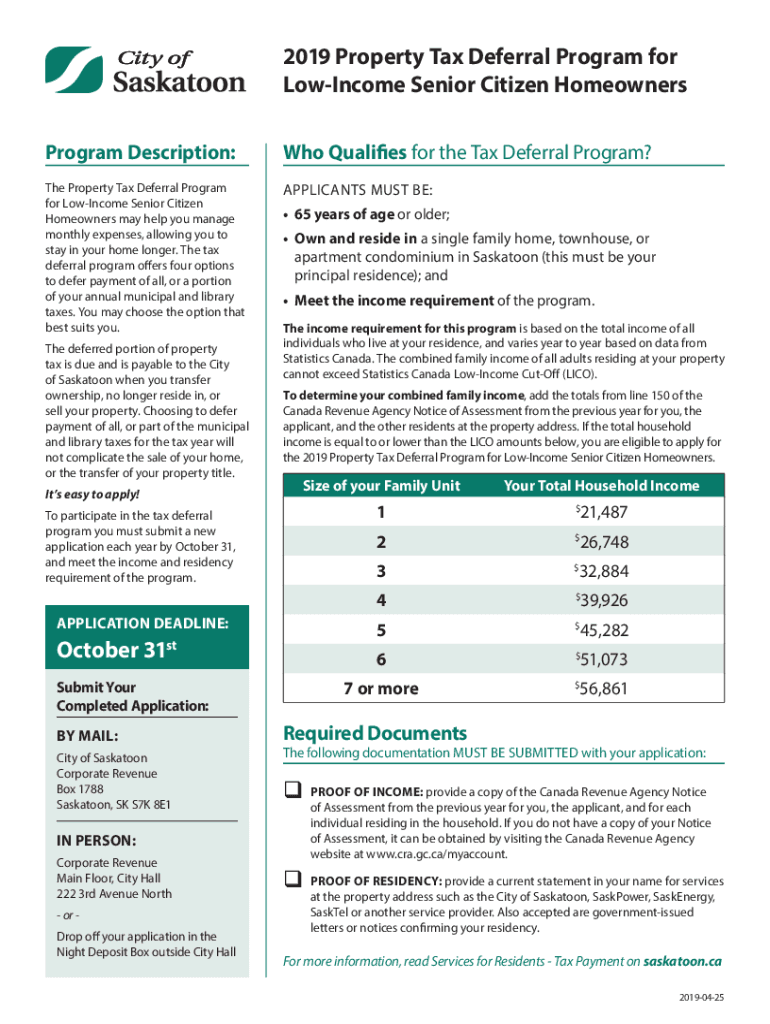 Fillable Online 2019 Property Tax Deferral Program for