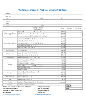 Webelos Uniform Order Form - Westark Area Council