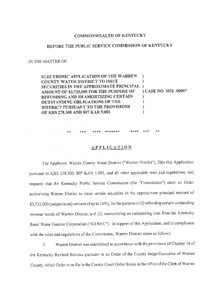 Fillable Online psc ky The Applicant, Warren County Water District