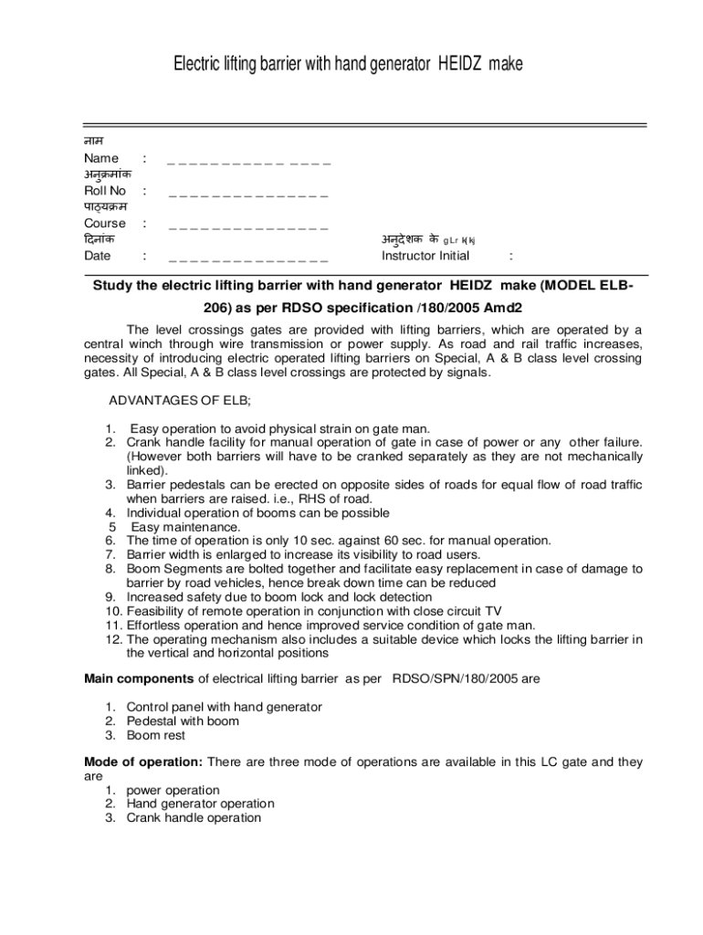 Fillable Online Electric lifting barrier with hand generator HEIDZ make Fax Email Print pdfFiller