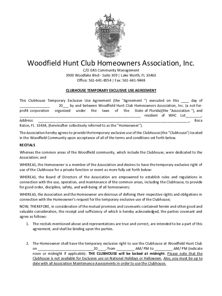 Fillable Online Woodfield Hunt Club Homeowners Association Company