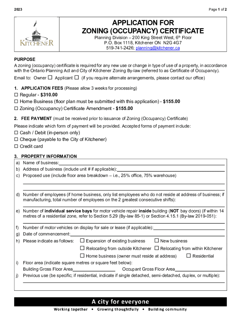 Fillable Online Application for Zoning (Occupancy) Certificate City of Kitchener Fax Email