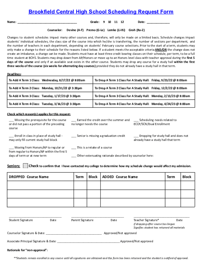 Fillable Online Brookfield Central High School Scheduling Request Form