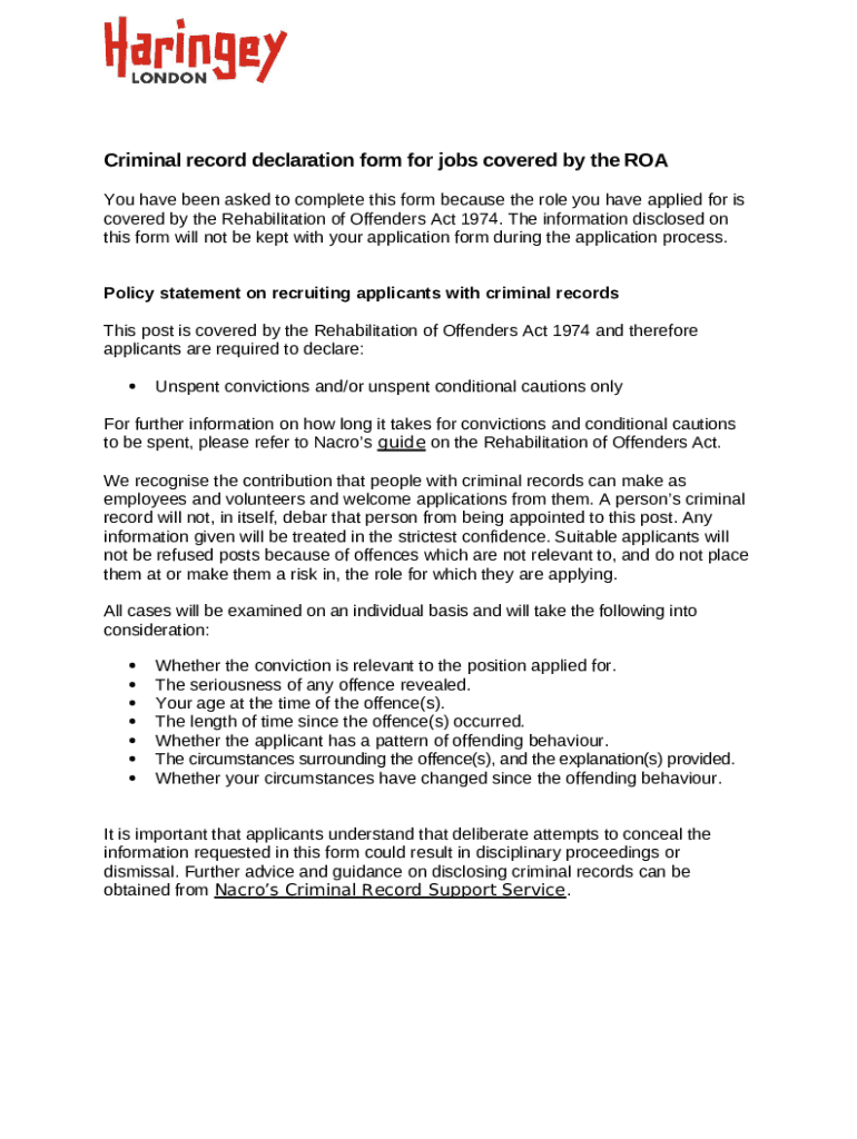 Criminal record declaration for jobs exempt from the ROA Doc Template