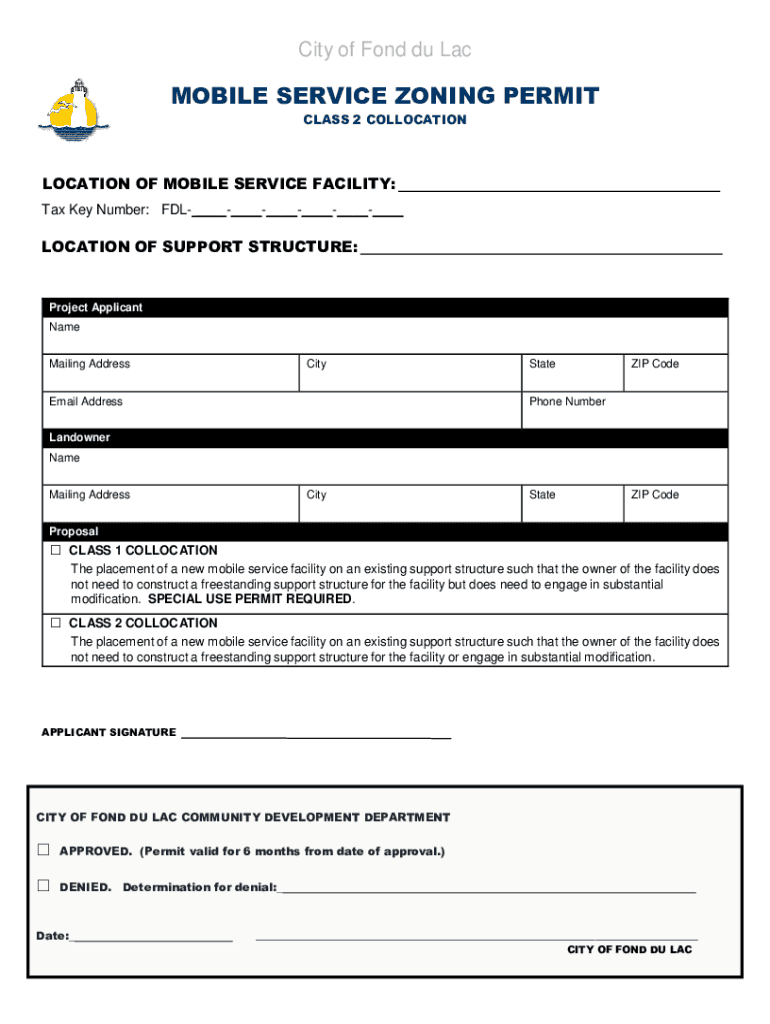 Fillable Online MOBILE SERVICE ZONING PERMIT City of Fond Du Lac Fax