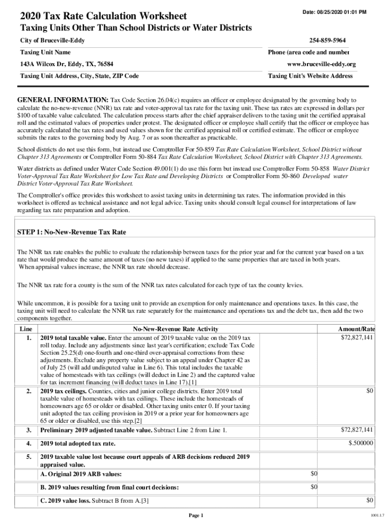 Fillable Online 2020 Tax Rate Calculation WorksheetCity of Bruceville