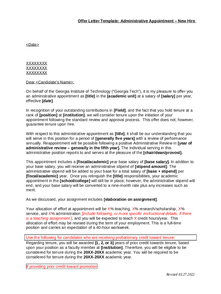 Offer Letter Template Administrative Appointment New Hire faculty