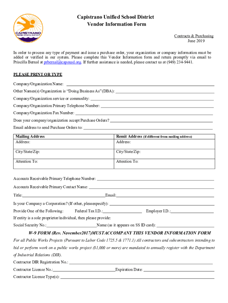 Fillable Online Capistrano Unified School District Vendor Information