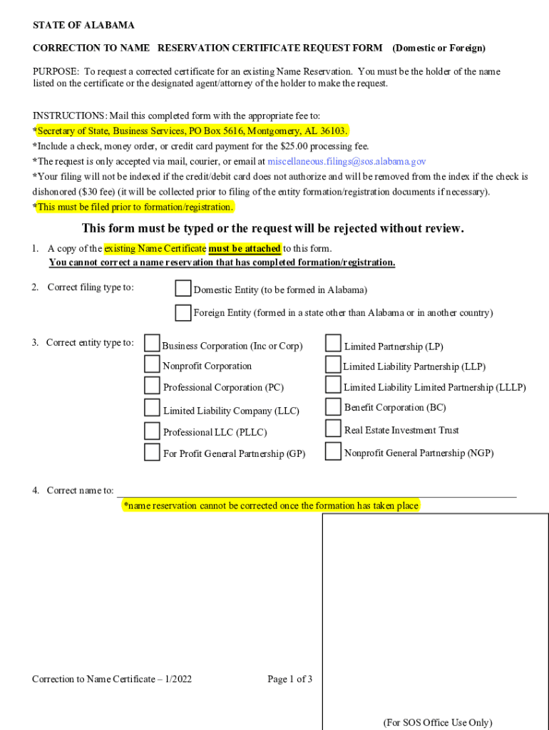 Fillable Online Alabama Correction To Name Reservation Certificate 
