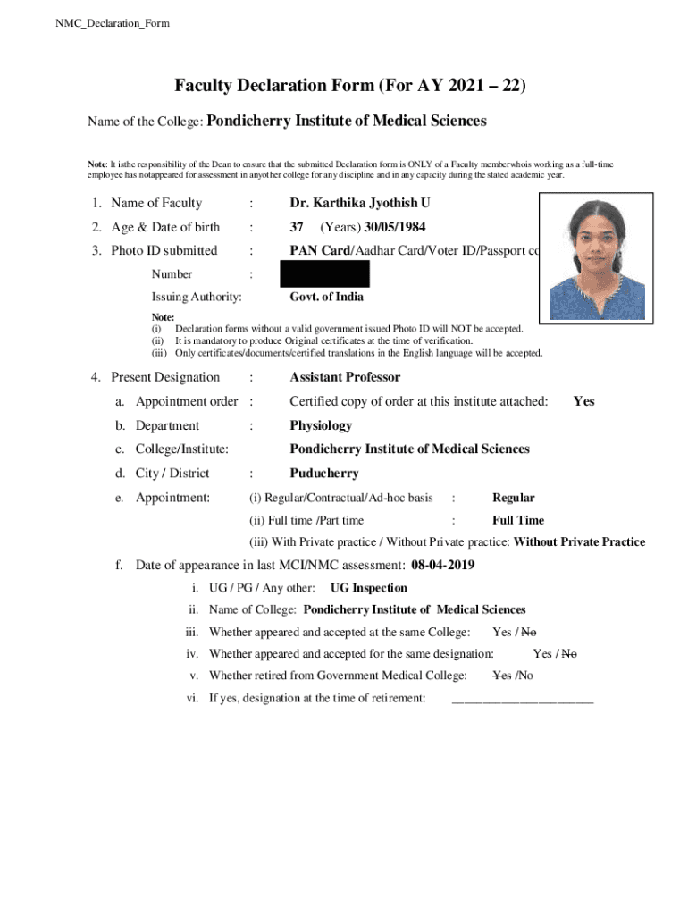 Fillable Online Faculty Declaration Form (For AY 2021 22) Fax Email