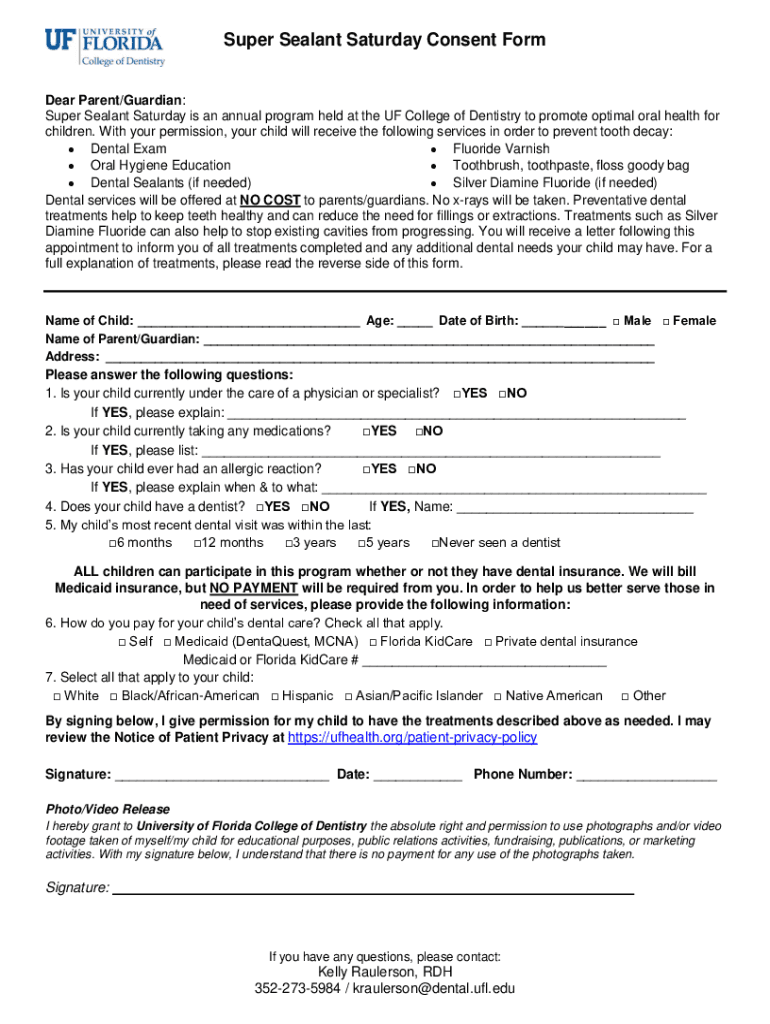 Fillable Online dental ufl Super Sealant Saturday Consent Form UF