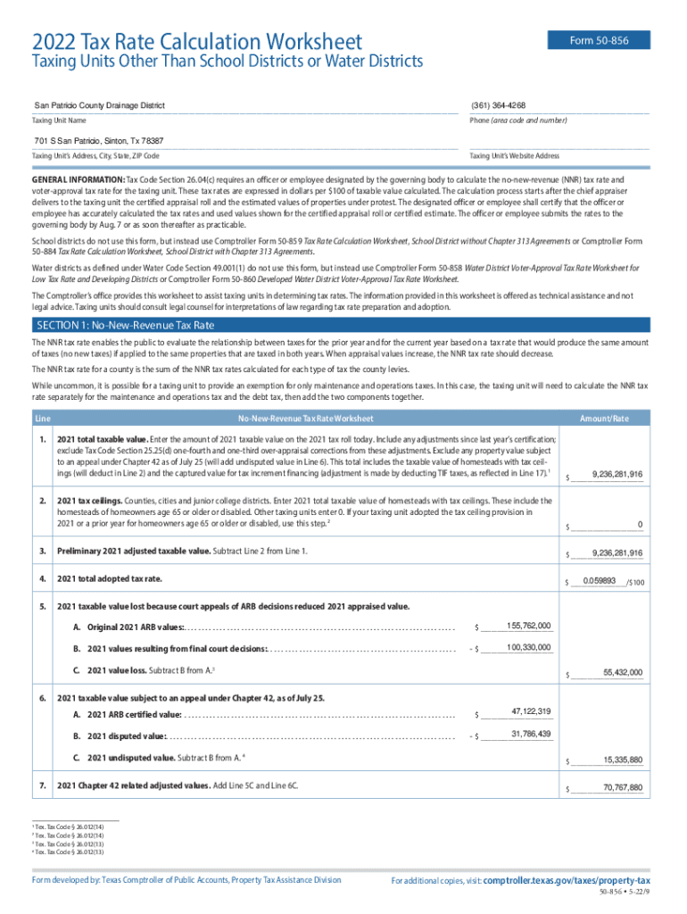 Fillable Online 2022 Tax Rate Calculation Worksheet San Patricio County Fax Email Print