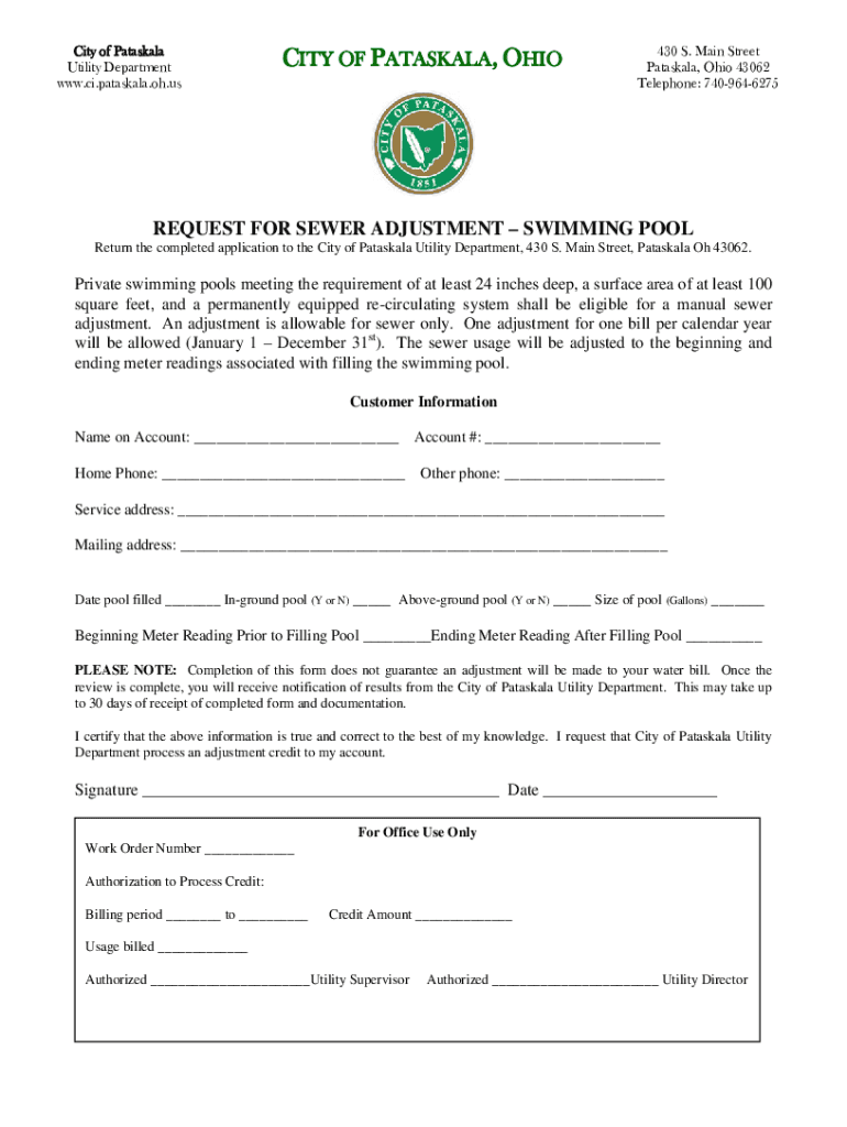 Fillable Online Request for Sewer AdjustmentSwimming Pool Fax Email