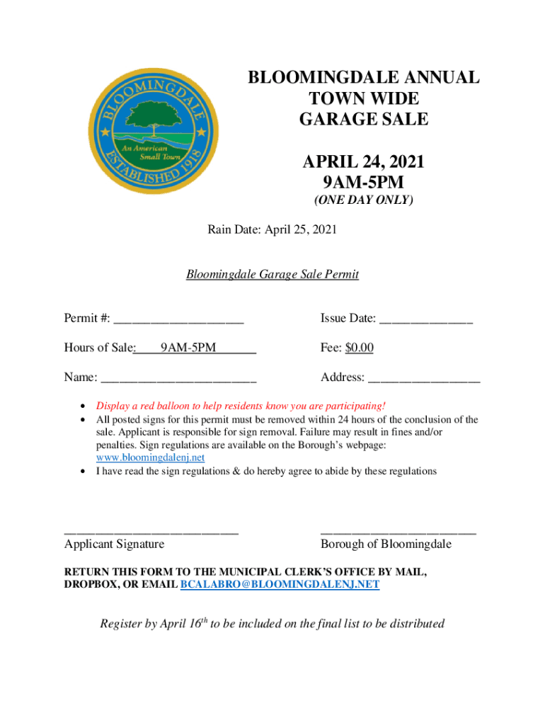 Fillable Online BLOOMINGDALE ANNUAL TOWN WIDE GARAGE SALE May Fax