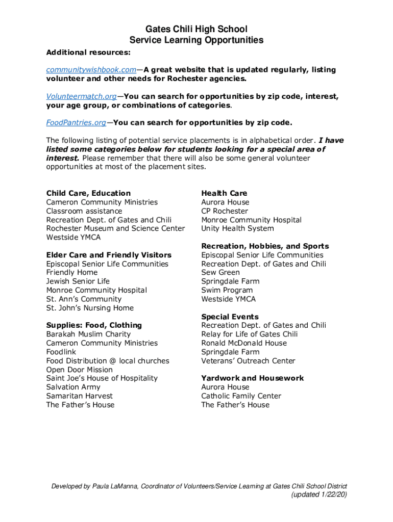 Fillable Online Gates Chili High School Service Learning Opportunities