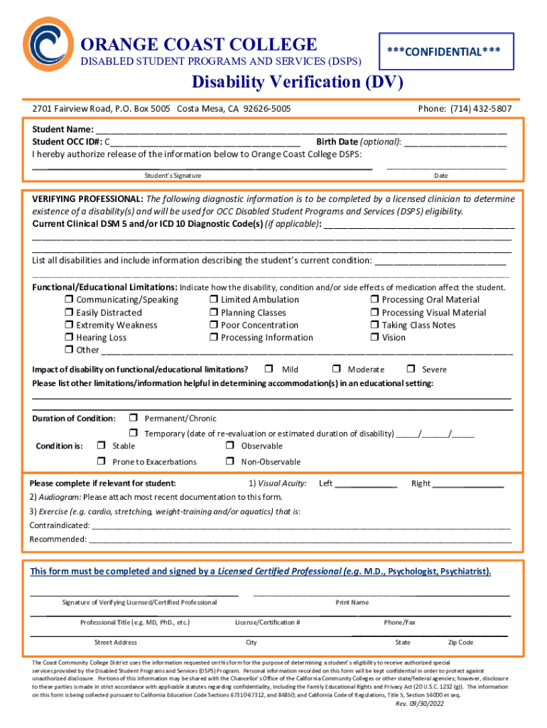 Fillable Online Disability Verification (DV). Verification Form Fax ...