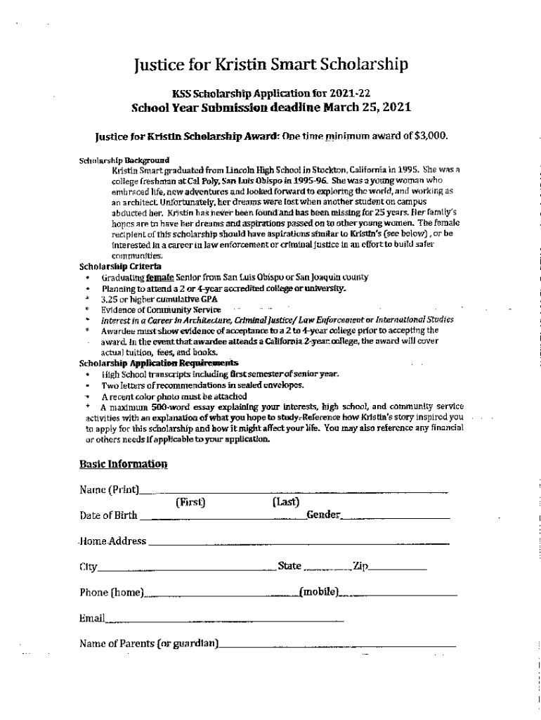 Fillable online the kristin smart scholarship kss a project of