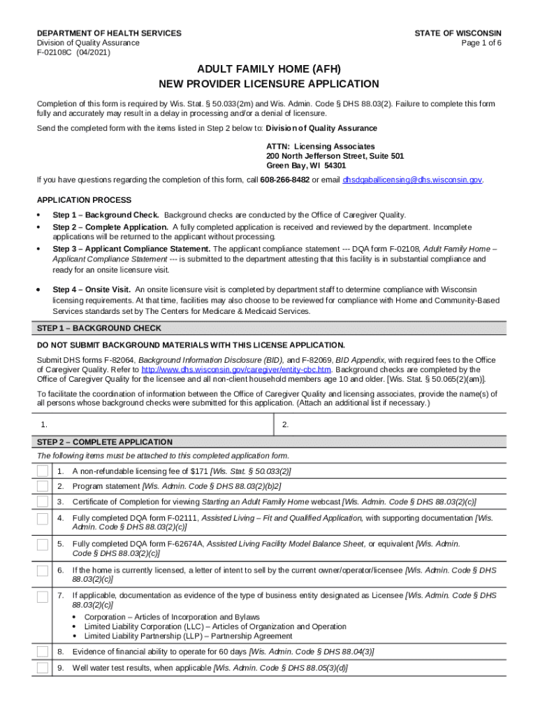 Adult Family Home New Provider Licensure Application, F02108C. 1100