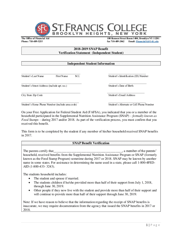 Fillable Online 20182019 SNAP Benefit Verification Statement
