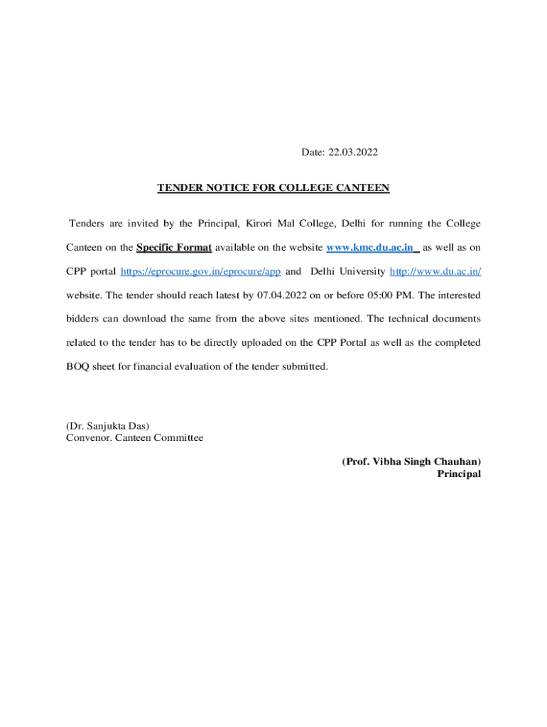 Fillable Online Online Latest Info About College Canteen Tenders in