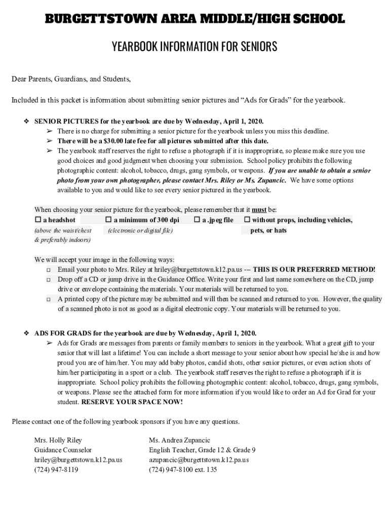 Fillable Online YEARBOOK INFORMATION FOR SENIORS Burgettstown Area