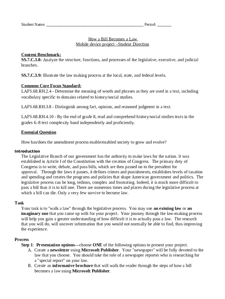 SS.7.C.3.9 Illustrate the law making process at the local, state