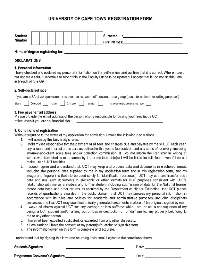 Fillable Online REGISTRATION FORM - University of Cape Town Fax Email