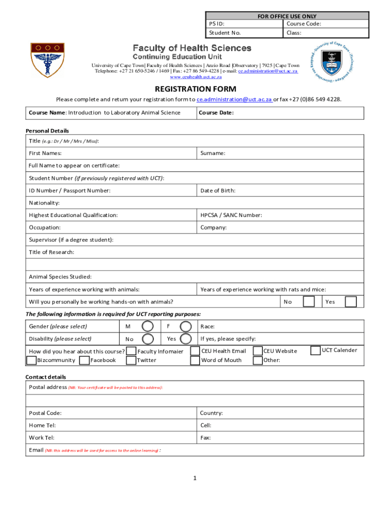 Fillable Online UCT Administrative Forms University of Cape Town Fax