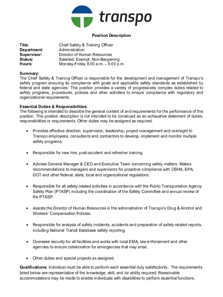Fillable Online Safety Manager Job Description Template Fax Email Print